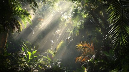 A dense rainforest with sunlight streaming through the trees, creating a serene and enchanting atmosphere.

