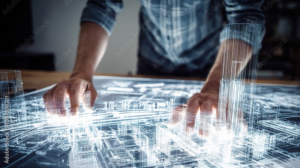 Poster engineer working on futuristic urban blueprint with 3d display
