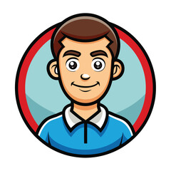 Smiling Man Cartoon Character with Brown Hair and Blue Polo Shirt in Round