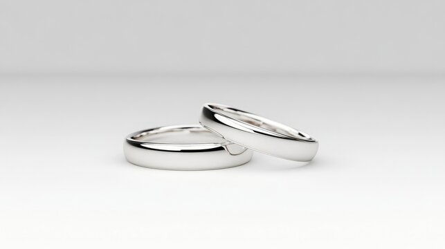 Two elegant silver wedding rings placed side by side on a pristine white surface, close-up view with soft lighting, and symbolizing unity and love.