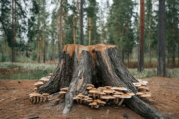 Fototapeta premium A photo of a forest with a large stump of a pine tree