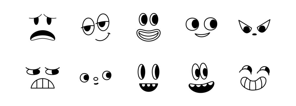Vector cartoon faces, abstract design mascots - y2k stickers and badges, happy, angry expressions, sticker and icons with different face expressions