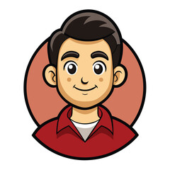 Smiling Young Man Cartoon Character with Dark Hair in a Red Shirt, Clean Lines