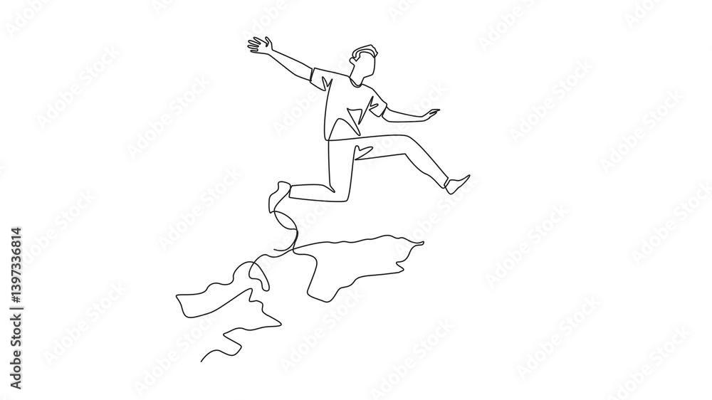 Poster animated self drawing of single continuous line drawing a man in casual clothes jumps on half globe.