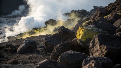 Fototapeta premium Landscape Concept. Volcanic Landscape with Steam and Rocks at Eruption Site Near Ocean Shoreline