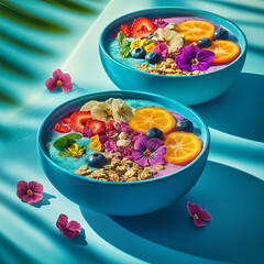 Colorful smoothie bowls topped with fresh fruit