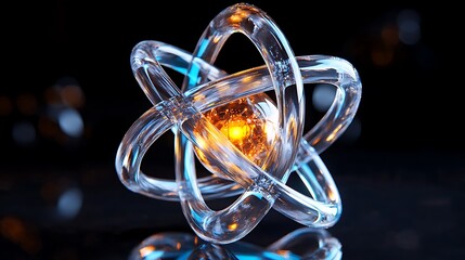 science fiction style atomic model with glowing crystal and orbit paths, futuristic concept for technology, abstract science and energy based cyber design