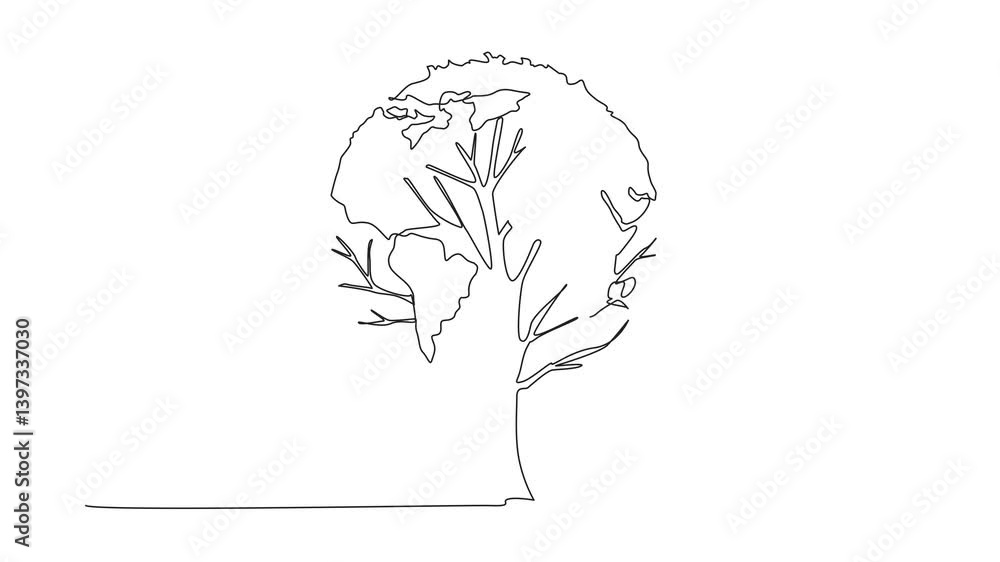 Poster self drawing animation of single one line drawing a tree whose leaves form a globe. symbolism. a den