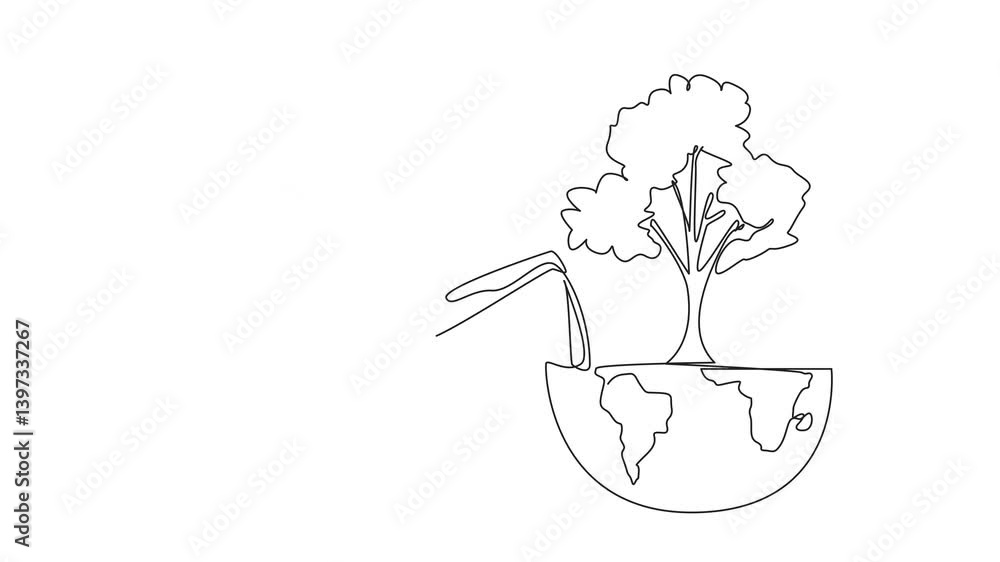 Poster animated self drawing of single continuous line drawing a hand watering a tree on half the globe usi