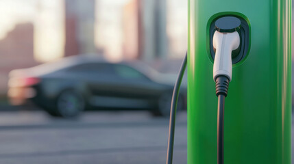 green electric vehicle charging station with futuristic design is in focus, with blurred car in background, symbolizing eco friendly transportation