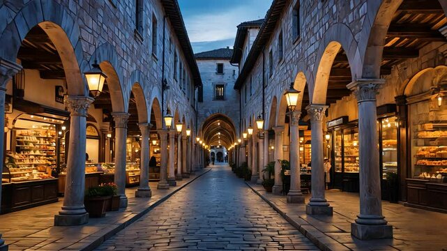 Historic stone arcade street with glowing lanterns, arched columns, cobblestone path, and warm storefronts in old European town at twilight

