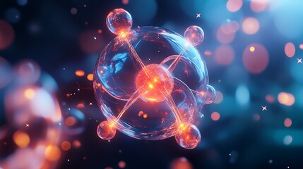 science fiction style atomic model with glowing crystal and orbit paths, futuristic concept for technology, abstract science and energy based cyber design