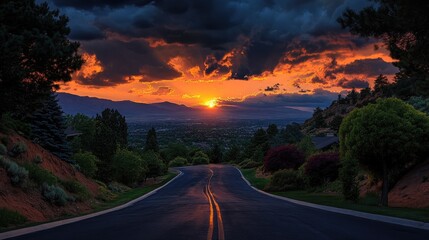 Scenic road at sunset, city in distance. Dramatic clouds and trees line the highway