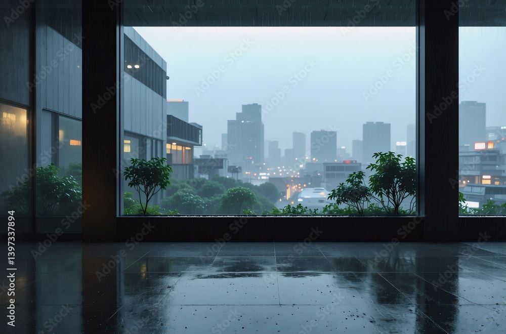 Poster rainy city view seen through large window from indoor space. wet floor reflects cityscape. greenery 