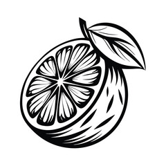Stylized Black and White Lemon Slice with Leaves, Minimalist Citrus Fruit Design
