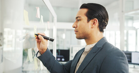 Writing, planning and man with ideas, office or info for strategy in corporate company or glass....