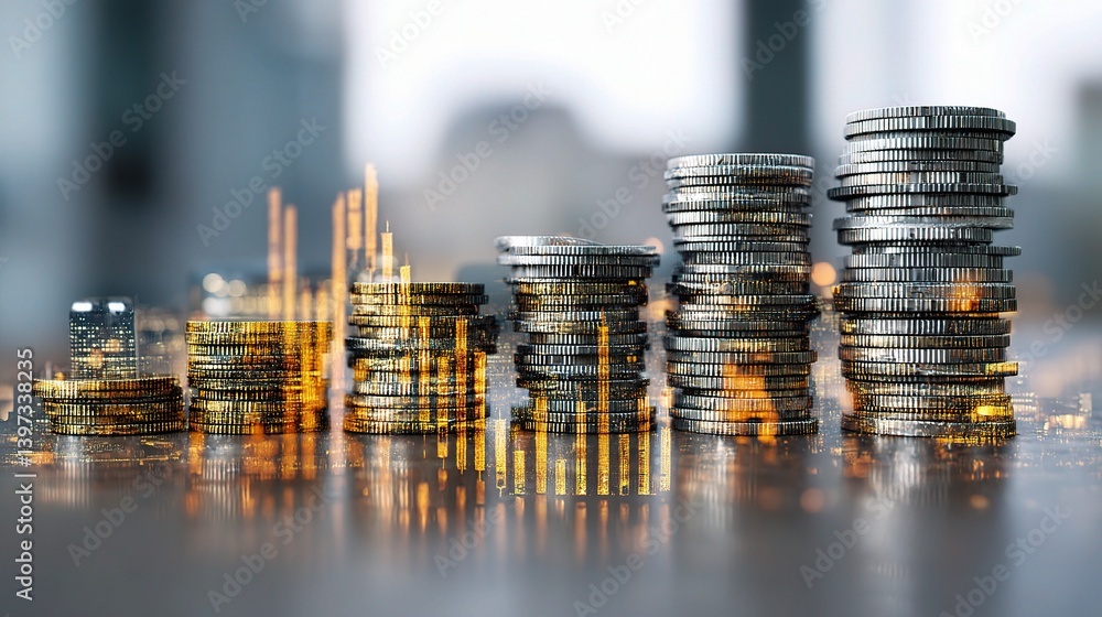 Poster double exposure of coins overlaid with graph patterns and data