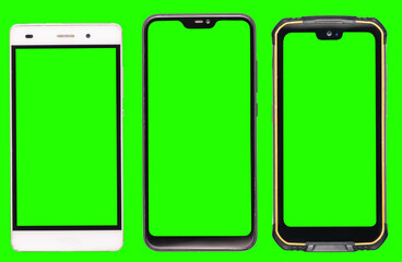 Three different phones on isolated background