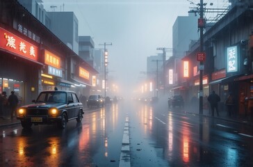 A misty, rain-slicked city street at night, glowing with neon signs reflecting on the wet pavement.  A vintage car sits parked, adding to the atmospheric scene.