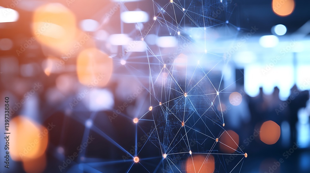 Poster abstract representation of interconnected data points creating a digital network with blurred city e