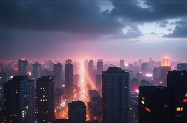 Fototapeta premium A sprawling cityscape at twilight. City lights illuminate the streets below, a hazy atmosphere hanging heavy with the onset of night. The sky is a dramatic blend of purples and grays, hinting at a s
