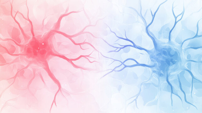 vibrant illustration of microglia cells in contrasting red and blue tones, showcasing their intricate branching structures against soft, abstract background