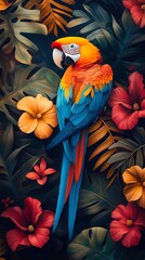 Fototapeta premium Vibrant Scarlet Macaw Phone Wallpaper Tropical Plants & Hibiscus Flowers with Rich Blue, Orange & Green Feathers | HD 4K Nature Aesthetic