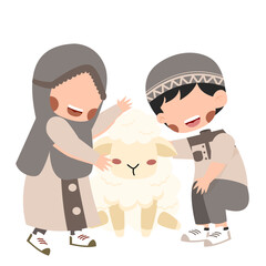 Joyful Children and Gentle Lamb: Eid al-Adha Celebration Illustration Illustration for Eid Al Adha Hajj and Umroh Islamic