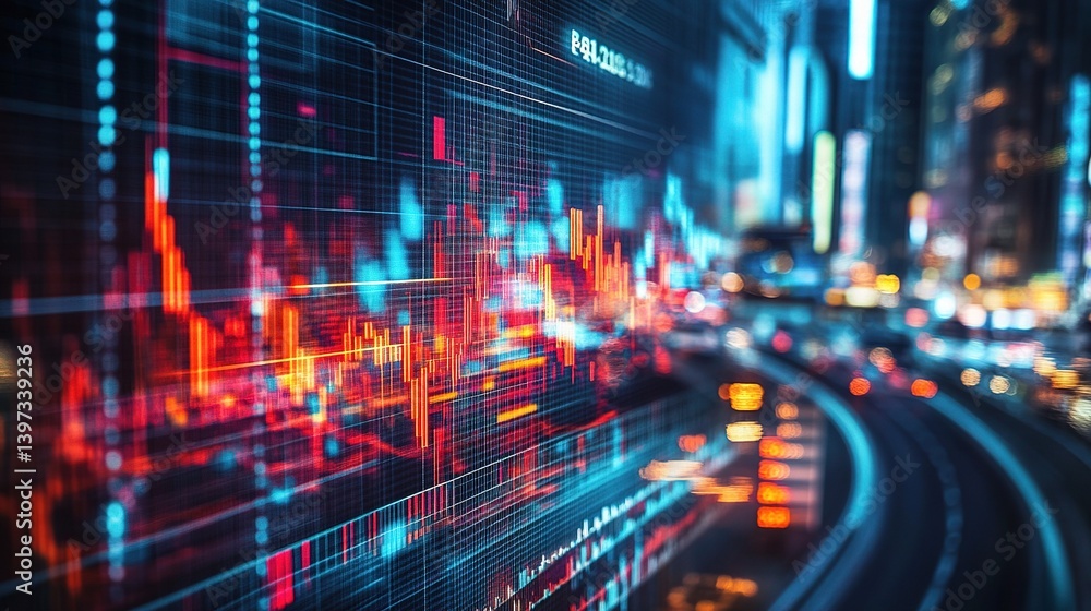 Poster aerial view of hologram stock market chart with data visualization