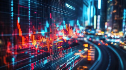 Obraz premium Aerial View of Hologram Stock Market Chart with Data Visualization
