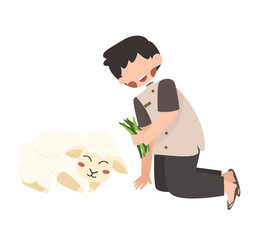 Kneeling Boy Offering Green Sprigs to a Fluffy Lamb Illustration for Eid Al Adha Hajj and Umroh Islamic