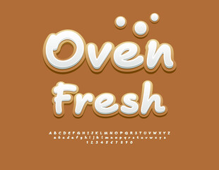Vector Tasty Advertising Oven Fresh for Bakery, Cafe and Store. Gingerbread style White Font. Funny Delicious Alphabet Letters and Numbers set.
