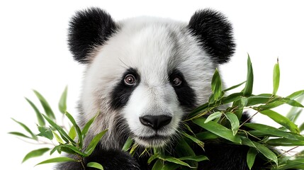 Naklejka premium Panda Eating Bamboo Leaves Close Up on White Background