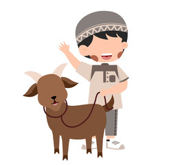 Fototapeta premium Smiling Boy in Traditional Clothing with Brown Goat on a Leash Illustration for Eid Al Adha Hajj and Umroh Islamic