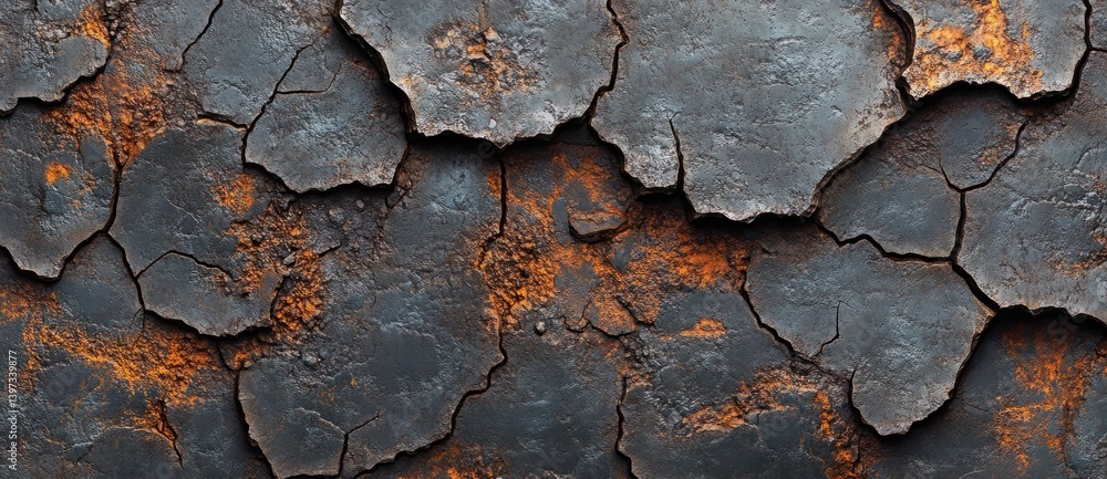 Poster cracked and weathered metallic surface with rusty texture and intricate patterns of peeling paint
