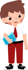 Cheerful Schoolboy with Books in Red Pantswith Indonesian Elementary School Uniform