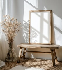 Cozy Interior Scene with Wooden Bench, Empty Frame, and Dried Flowers in Natural Light