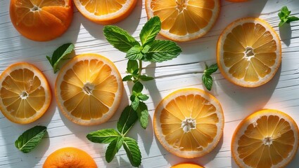 Sliced of oranges scattered randomly on a white wooden surface