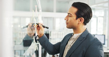 Writing, sticky notes and man with ideas, serious and info for strategy in corporate company or...