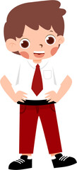 Fototapeta premium Cheerful Cartoon Boy in Red Trousers and White Shirt with Indonesian Elementary School Uniform