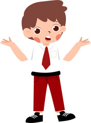 Surprised Schoolboy in Red Trousers and White Shirt, Arms Outstretched with Indonesian Elementary School Uniform