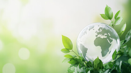 transparent globe surrounded by vibrant green leaves symbolizes global environmental awareness and sustainability. image conveys sense of harmony and ecological balance