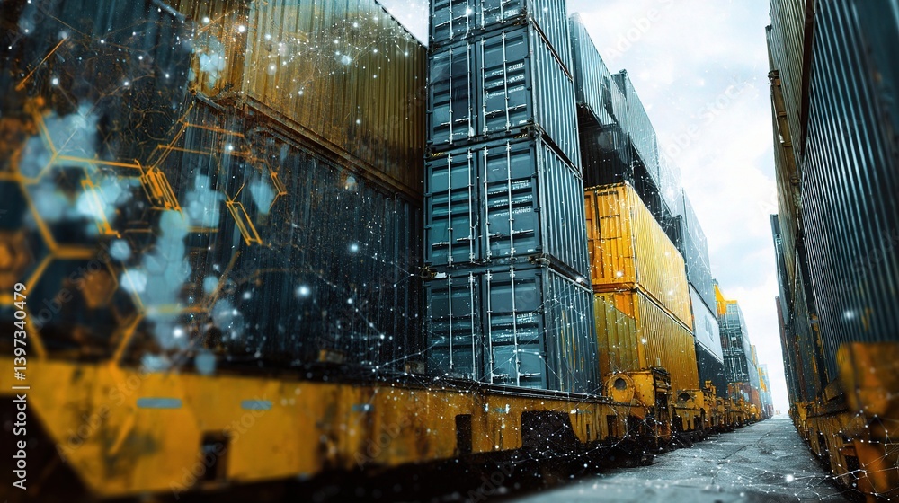Poster digital double exposure shipping containers with futuristic interface