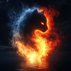 Fire ice cat silhouette over dark water.
