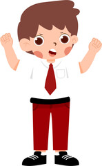 Excited Schoolboy in Red Uniform, Arms Raised in Celebration with Indonesian Elementary School Uniform