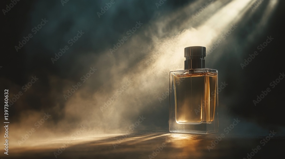 Poster A captivating scene of perfume mist gracefully diffusing in the air, with shimmering droplets catching the light, embodying the allure of fragrance