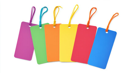 Colorful rectangular tags with strings in purple, green, orange, yellow, red, and blue are neatly arranged. These vibrant tags can be used for labeling or organizing items