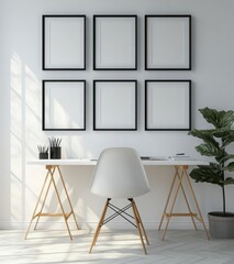 Modern Minimalist Workspace with Empty Frames, Stylish Chair, and Green Plant in Bright Room