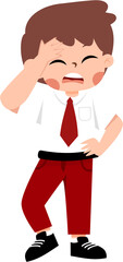 Upset Boy in Red Pants and White Shirt Palm to Forehead with Indonesian Elementary School Uniform