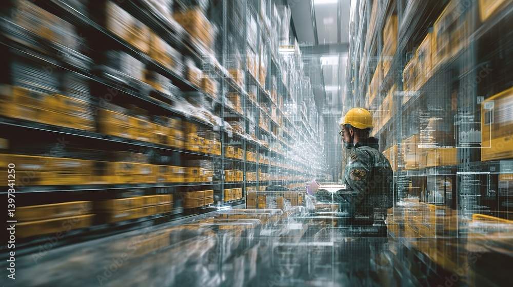 Poster warehouse worker engaged in double exposure with surrounding environment